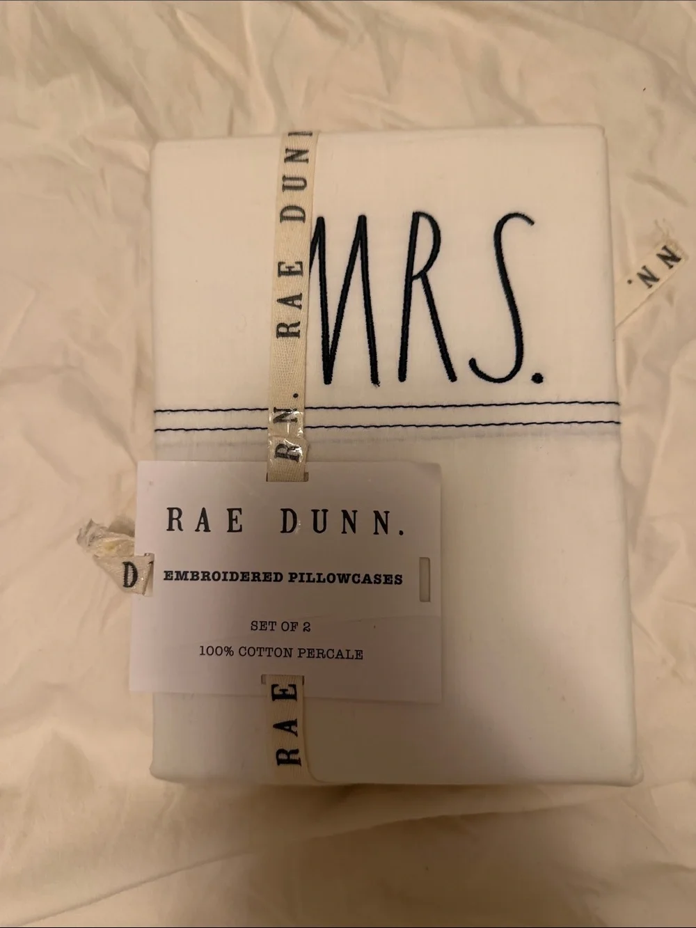 Rae Dunn White Pillowcase Set with Black Embroidery